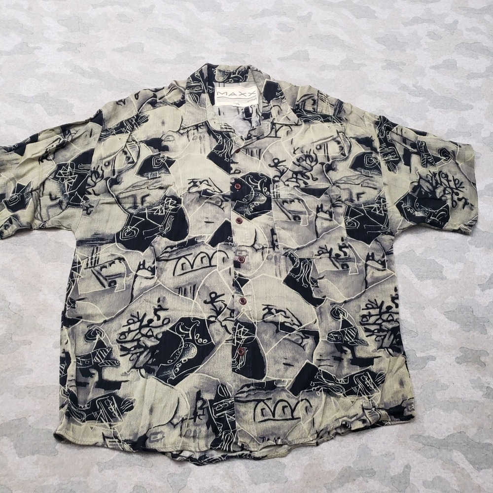 Vintage Maxx Shirt Mens Large Green Short Sleeve Button-Up Hawaiian Geo Beach